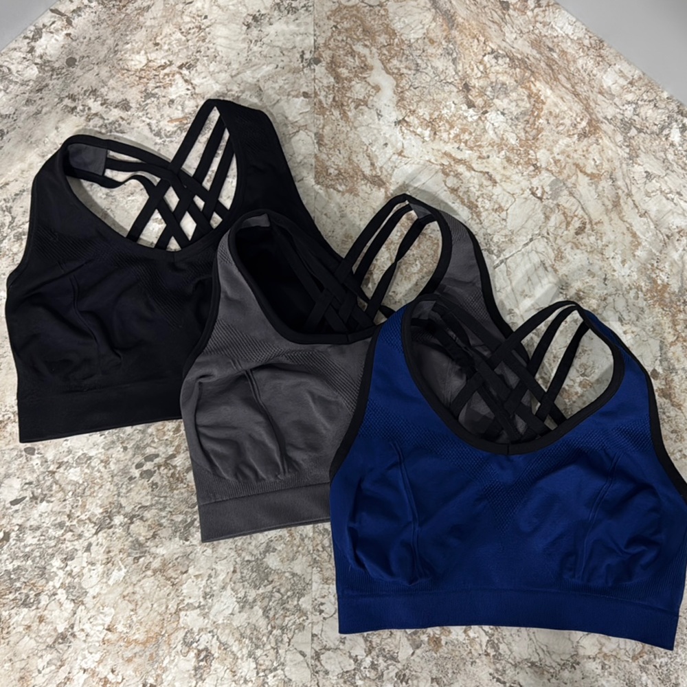 Stylish Sports Bras in Black, Gray, and Blue